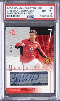 2003-04 UD Manchester United ManUscripts Red #R Cristiano Ronaldo Signed Rookie Card (#04/39) - PSA NM-MT 8